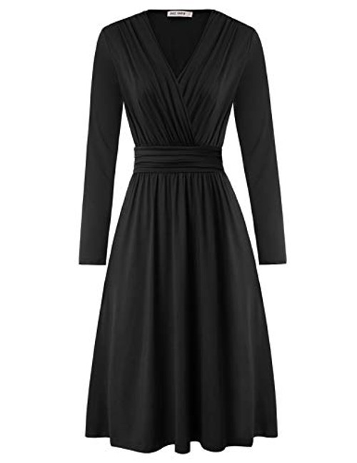 GRACE KARIN Women Long Sleeve V-Neck Knee Length Ruched Dress with Pockets Size M Black