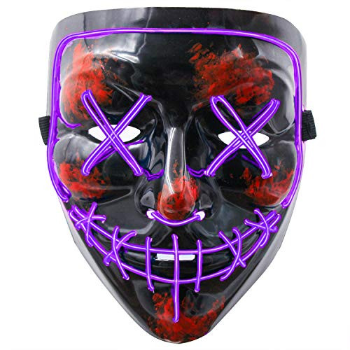 heytech Halloween Scary Mask Cosplay Led Costume Mask EL Wire Light up for Halloween Festival Party Purple