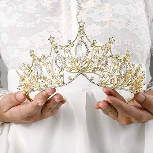 Haloty Queen Crystal Wedding Crown Gold Bride Tiara Princess Rhinestone Gem Crowns and Tiaras Bridal Headpieces for Women and Girls Haloty Queen Crystal Wedding Crown Gold Bride Tiara Princess Rhinestone Gem Crowns and Tiaras Bridal Headpieces for Women and Girls