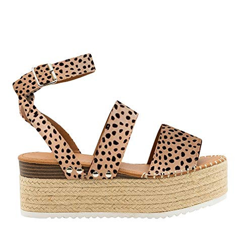 LAICIGO Womens Flatform Espadrilles Ankle Strap Buckle Open Toe Faux Leather Studded Wedge Summer Sandals
