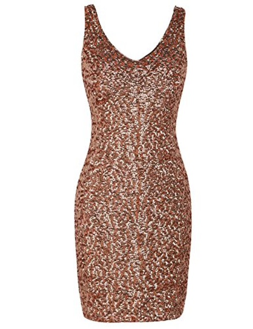 PrettyGuide Women Sexy Deep V Neck Sequin Glitter Bodycon Stretchy Mini Party Dress XL Gold Pink