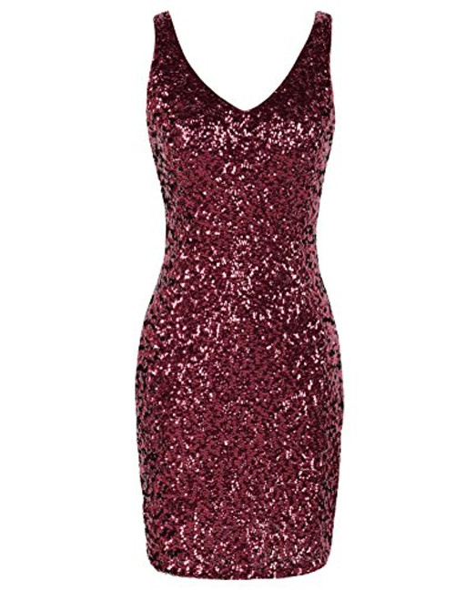 PrettyGuide Women Sexy Deep V Neck Sequin Glitter Bodycon Stretchy Mini Party Dress XL Shiny Burgundy