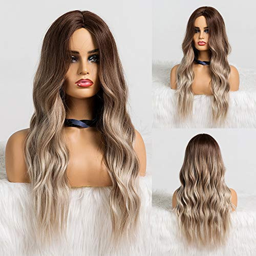 HAIRCUBE Long Hair Wigs for Women Ombre Color Dark Brown to Gray Synthetic Curly Hair Wig Middle Parting HAIRCUBE Long Hair Wigs for Women Ombre Color Dark Brown to Gray Synthetic Curly Hair Wig Middle Parting