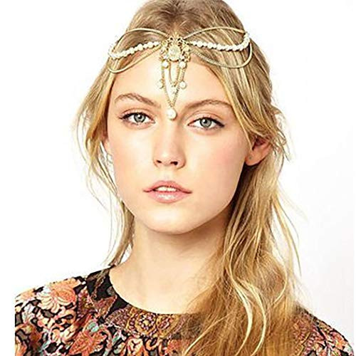 Derora Rhinestone Chain Hair Jewelry Boho Bridal Head Chain Wedding Pendant Headpiece Indian Beads Egyptian Hairstyle Pearls Halloween Christmas for W