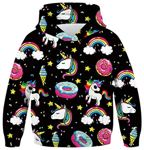 Boy Fleece Hoodie Funny 3D Rainbow Unicorn Donuts Printed Long Sleeve Girls Cool Pullover Kids Teen Hooded Sweatshirt Top Blouse with Pocket for Holid