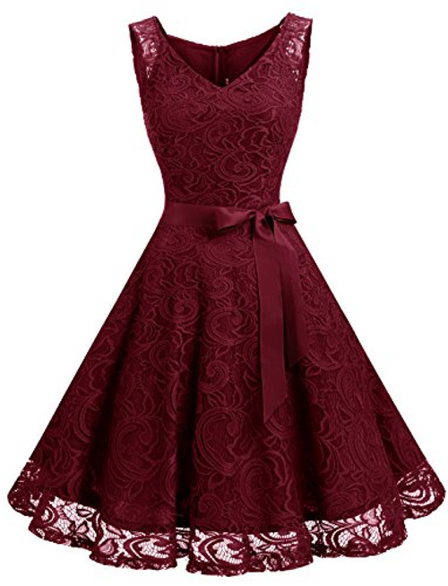 Dressystar 0010 Women Floral Lace Bridesmaid Party Dress Short Prom Dress V Neck Burgundy S