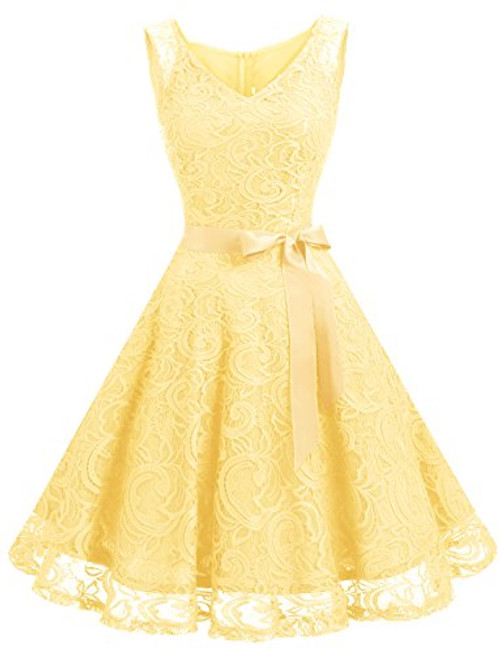 Dressystar 0010 Women Floral Lace Bridesmaid Party Dress Short Prom Dress V Neck Yellow XXL