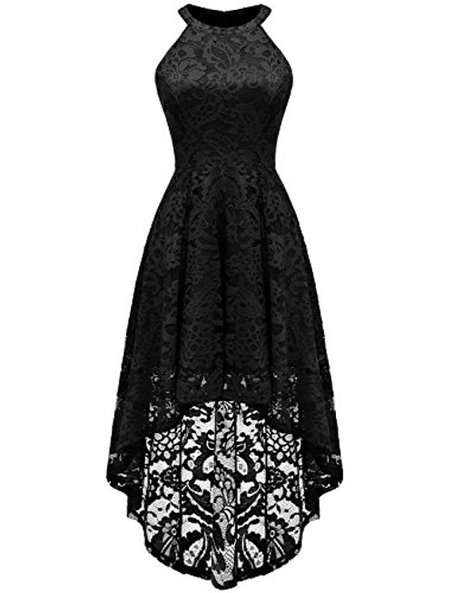 Dressystar 0028 Halter Floral Lace Cocktail Party Dress Hi-Lo Bridesmaid Dress Black L