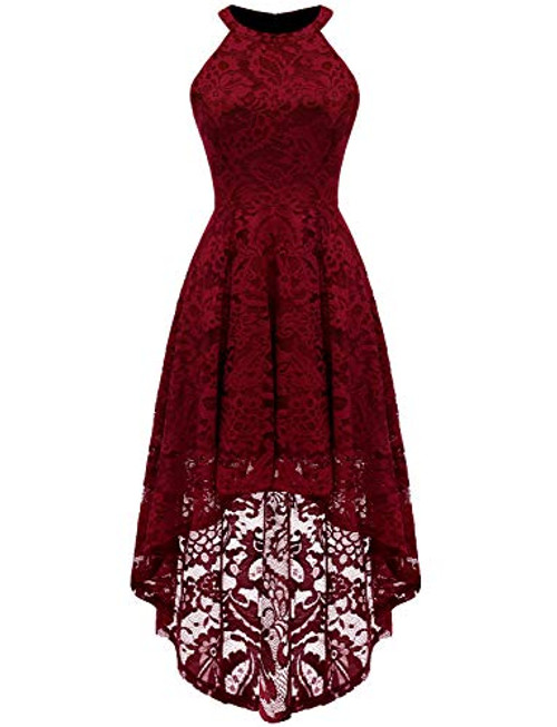 Dressystar 0028 Halter Floral Lace Cocktail Party Dress Hi-Lo Bridesmaid Dress Dark Red XXXL