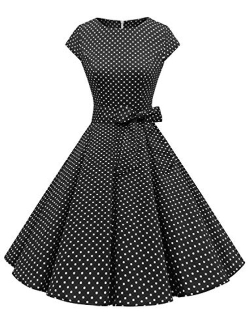 Dressystar 1956 Women Vintage Cocktail Dress 1950s Retro Rockabilly Prom Dresses Cap-Sleeve BlackWhiteDot A XL