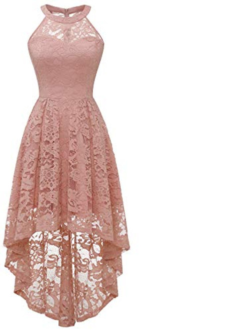 Dressystar Womens Halter Floral Lace Cocktail Dress Hi-Lo Bridesmaid Party Dress with Sheer Neckline 2028 Blush XL