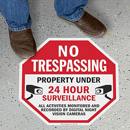 SmartSign No Trespassing - Property Under 24 Hour Surveillance  All Activities Monitored Anti Slip Adhesive Reflective Octagonal Floor Sign - 17 x