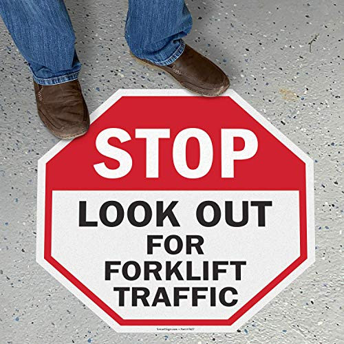 SmartSign Stop - Look Out for Forklift Traffic Anti Slip Adhesive Octagonal Floor Sign - 24 x 24