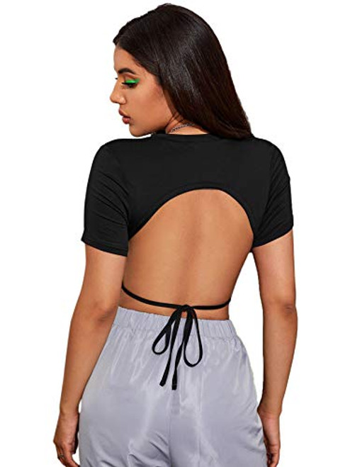 SheIn Womens Sexy Backless Crop Top Short Sleeve Slim Tie Back Tee Shirt Black3 Small