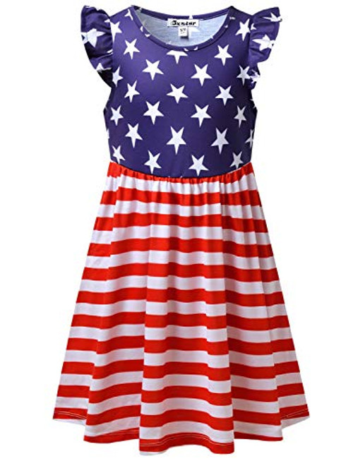 Jxstar 4th July Summer Dresses for Girls 6X 7 USA Flag Knee Length Twirl Dresses
