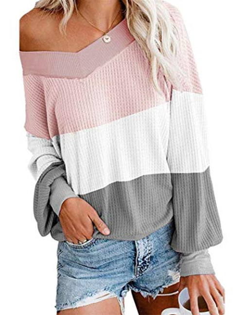 Pullover Sweater for Women Off Shoulder Long Sleeve V Neck Color Block Waffle Knit Tops X-Large Pink Grey