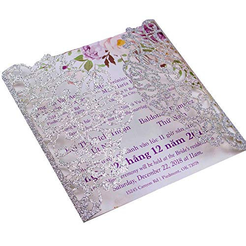 50pcs Square Silver Glitter Laser Cut Vintage Wedding Invitations Cards Invite pocket only no envelope no insert