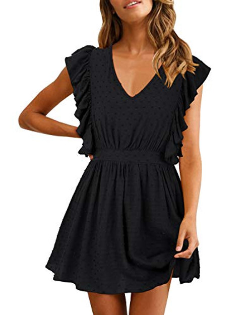 SOLERSUN V Neck Dresses for Women  Womens Casual Summer V Neck Ruffle Sleevesless Stretchy Swing Cocktail Party Mini Dress Black S