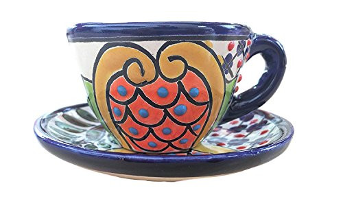 Talavera Espresso Plate Set - Ceramic Floral Cup and Saucer - 2 oz - Made in Mexico - Multicolor