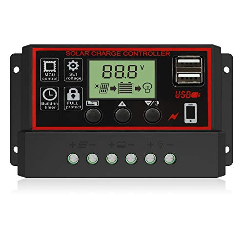 EEEKit 30A Solar Charge Controller  Dual USB Port Solar Panel Battery Intelligent Regulator  Multi-Function Adjustable LCD Display with Timer Setting