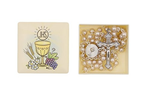 First Communion 6mm Pink Imitation Pearl Bead Rosary with Enameled Center and Crucifix in Keepsake Rosary Box