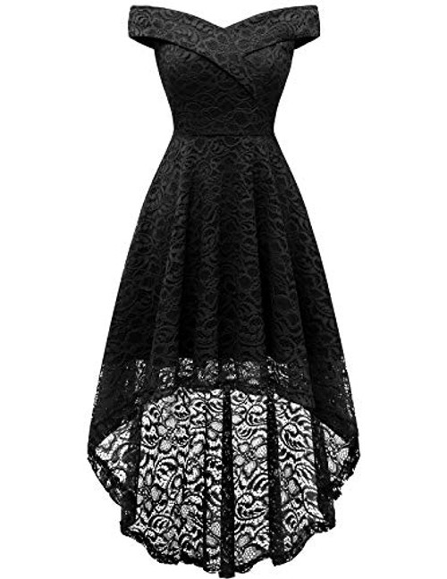 Homrain Womens Vintage Floral Lace Off Shoulder Hi-Lo Wedding Cocktail Formal Swing Dress Black M