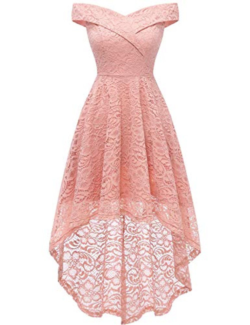 Homrain Womens Vintage Floral Lace Off Shoulder Hi-Lo Wedding Cocktail Formal Swing Dress Blush M