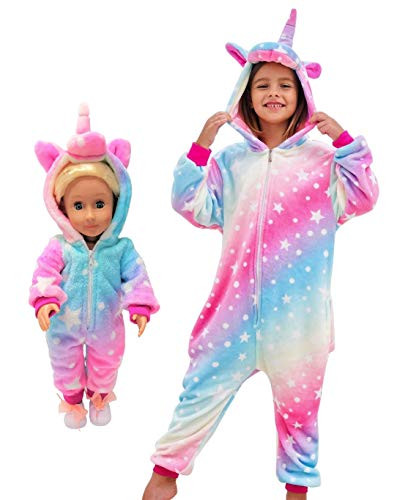 Unicorn Pajamas Onesie Costume Matching Doll and Girls Gifts -Reddish blue  5-6 Years-