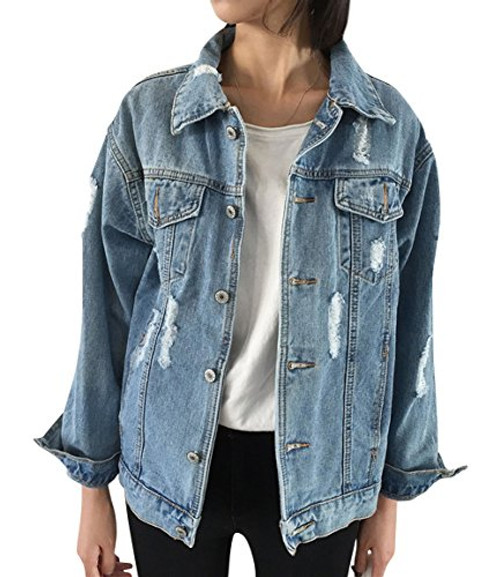 JUDYBRIDAL Oversize Denim Jacket for Women Ripped Jean Jacket Boyfriend Long Sleeve Coat Blue M