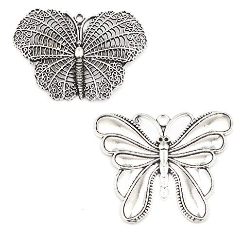 JGFinds Butterfly Pendant Charms  4 Pack -2 of Each- - Large Over 2 ½ Inches -Silver Tone-