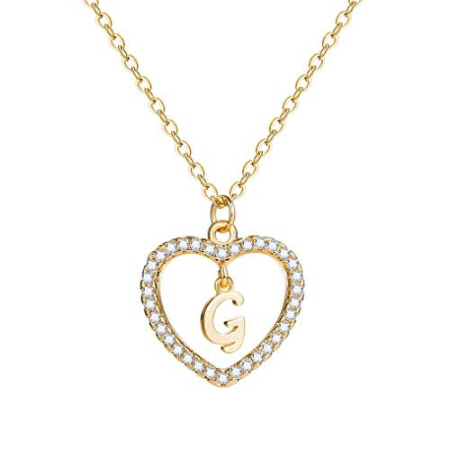 Initial Heart Necklace CZ Heart Letters G Name Alphabet Pendant Necklace for Women 14K Real Gold Plated