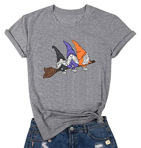 Womens Halloween T-Shirt Top Cute Gnomes with Broom Shirts Fall Autumn T-Shirt Graphic Funny Tees Tops Gray