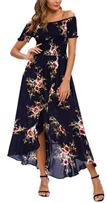 Kormei Women Short Sleeve Off Shoulder Floral High Low Flowy Summer Party Long Maxi Dress M Navy
