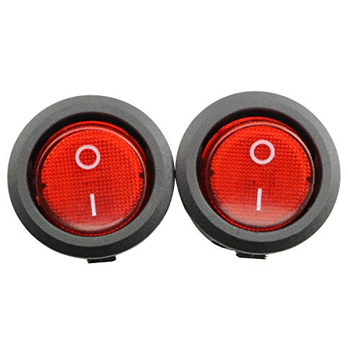 RuiLing 2PCS Snap Round Rocker Power Switch 6A 250V AC 3 Pin SPST Snap-in ON-Off Power Switch Red Button with Light