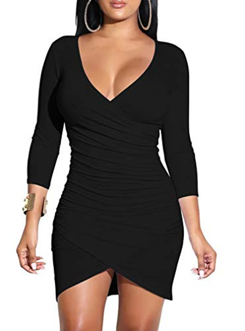 LAGSHIAN Womens Sexy Bodycon Long Sleeve V Neck Cross Wrap Mini Club Dress Black