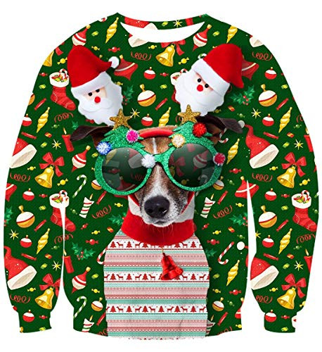 uideazone Unisex Ugly Dog Christmas Sweater Men Novelty 3D Graphic Long Sleeve Pullover Sweatshirt T-Shirt for Party Christmas Green