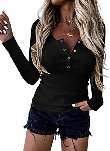 LAMISSCHE Womens Henley Shirts Long Sleeve Ribbed Casual V Neck Button Down Slim Solid Basic Knit Tunic Top Blouse-Black 2XL-