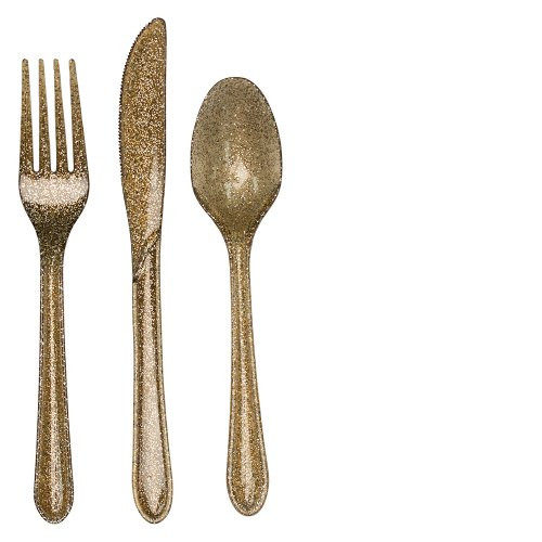 24-Piece Premium Plastic Assorted Cutlery, Glitz Gold Glitter
