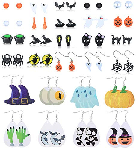 LOLIAS 28 Pairs Halloween Earrings for Women Teardrop Faux Leather Dangle Earrings and Halloween Theme Stud Earring Sets Lightweight Halloween Costume