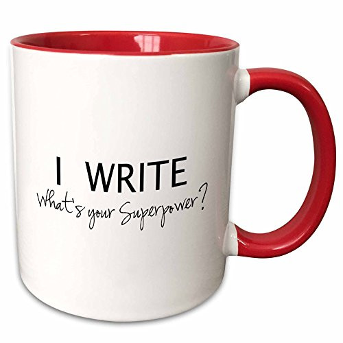 3dRose mug_194455_5 "I Write - What's your superpower - fun gift for writers - writing love" Two Tone Mug, 11 oz, Red