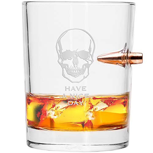 Lucky Shot USA 308 CALIBER Whiskey Glass - HAVE A NICE DAY - Embedded Copper Bullet 10oz Borosilicate Rock Glass