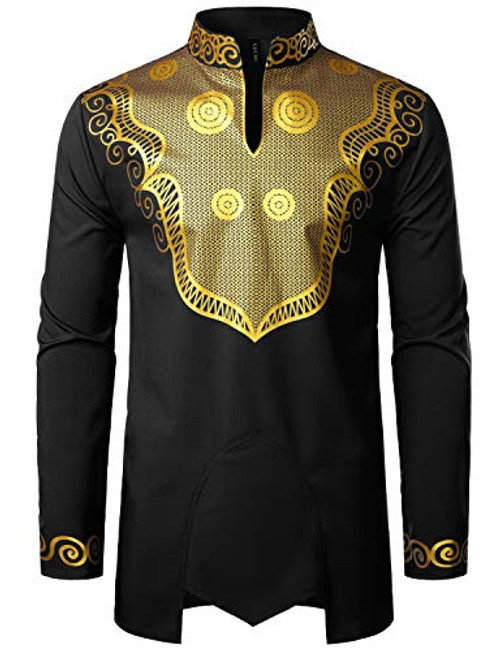 LucMatton Mens African Traditional Dashiki Luxury Metallic Gold Printed Mandarin Collar Wedding Dress Shirt Black Small LucMatton Mens African Traditional Dashiki Luxury Metallic Gold Printed Mandarin Collar Wedding Dress Shirt Black Small