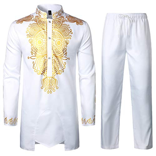 LucMaton Mens African 2 Piece Set Long Sleeve Gold Print Dashiki and Pants Outfit Traditional Suit White Medium LucMaton Mens African 2 Piece Set Long Sleeve Gold Print Dashiki and Pants Outfit Traditional Suit White Medium