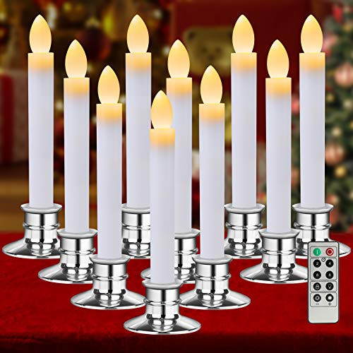Christmas Window Candle Lights 10 Pack Flameless Candles Taper LED Christmas Decorations Battery Operated with Remote Control Timer Silver Holders for