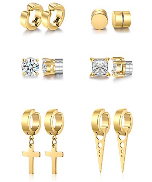 Vegolita 6-8Pairs Stainless Steel Magnetic Stud Earrings for Men Women Hoop Dangle Earrings CZ Non Pierced Earrings Set 6Pairs G