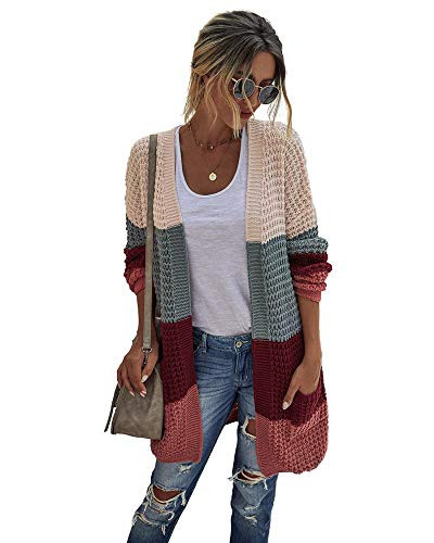 Womens Long Sleeve Open Front Outwear Coat Knit Loose Cardigan Sweaters with Pockets -Red M-