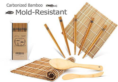Bamboo Sushi Kit, Carbonized Rolling Mats for Mold-Resistant, Included 2 Rolling Mats - 5 Pairs Chopsticks - Paddle - Spreader - Beginner's Guide (PDF), Roll on! Beginner Sushi Making Kit