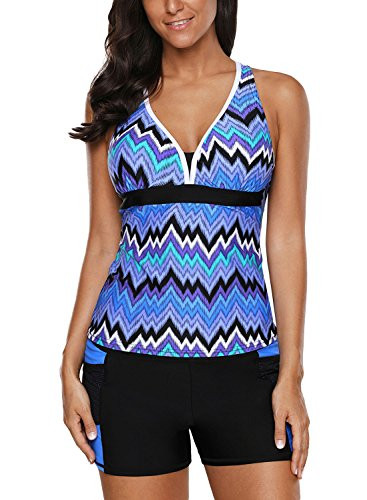 HOTAPEI Womens Tankini Swimsuits Racerback Strappy Swimsuit 2020 Bathing Suits for Women Tankini Two Piece with Boy Shorts Push Up Blue Printed Stripe