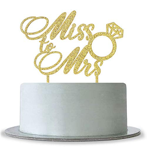 Miss to Mrs Cake Topper with Diamond Ring for Bridal Shower Hen Night Wedding  Engagement Bachelorette Party Decoration Supplies Gold Glitter Acrylic