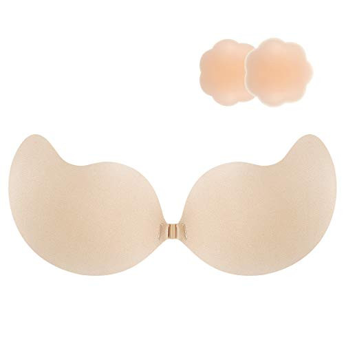 Niidor Adhesive Bra Sticky Bra Mango-Shape Reusable Strapless Backless Bra Invisible Push up Silicone Bra for Women-Nude-E
